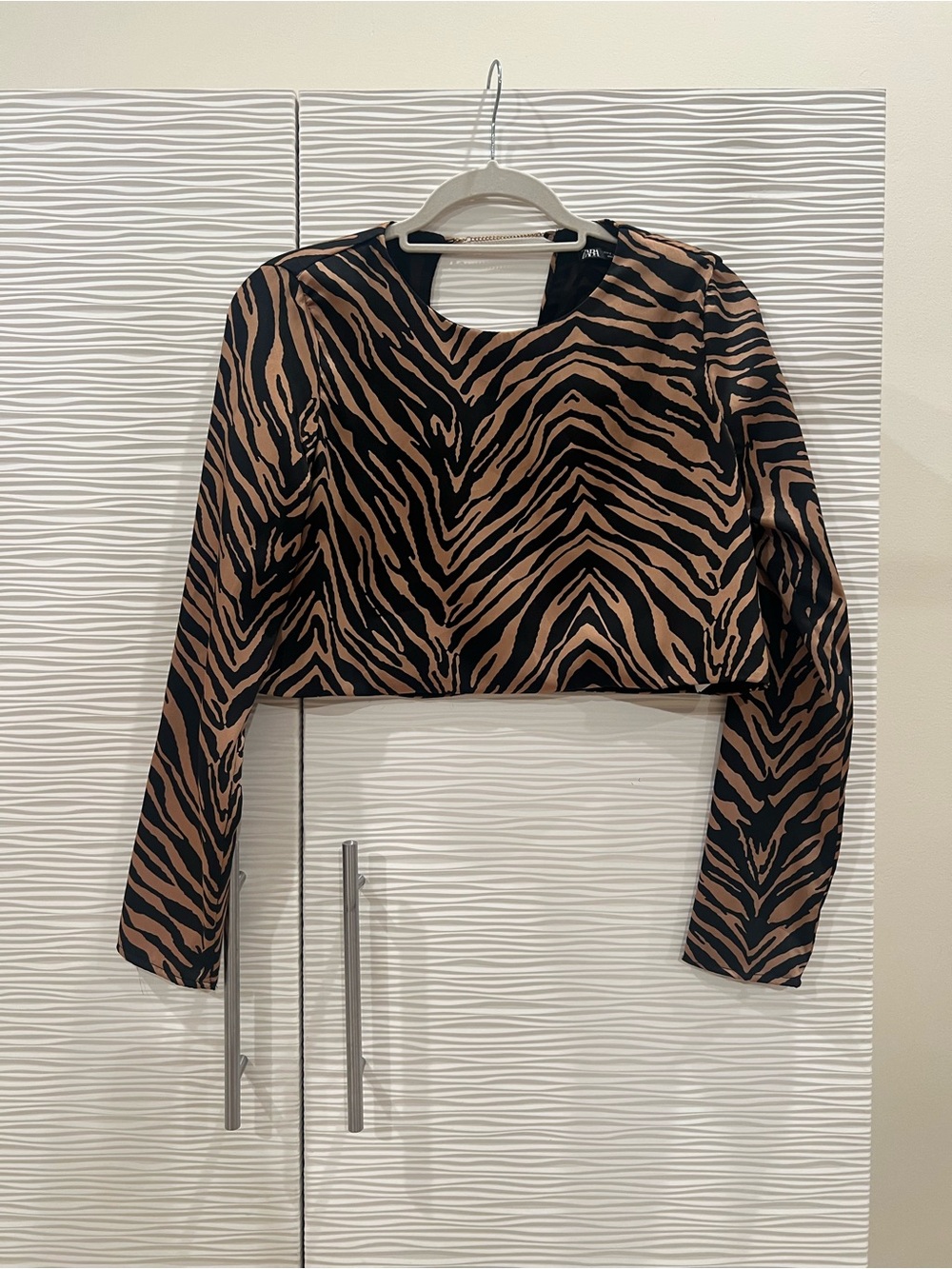 Zara Cropped Long-Sleeve Zebra Print Top - Black & Brown